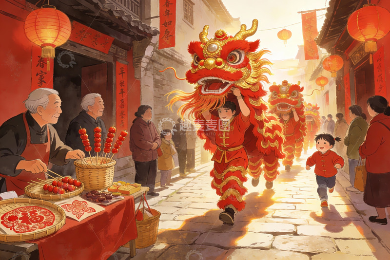 高清大图下载【趣麦麦图】春节舞龙热闹街景