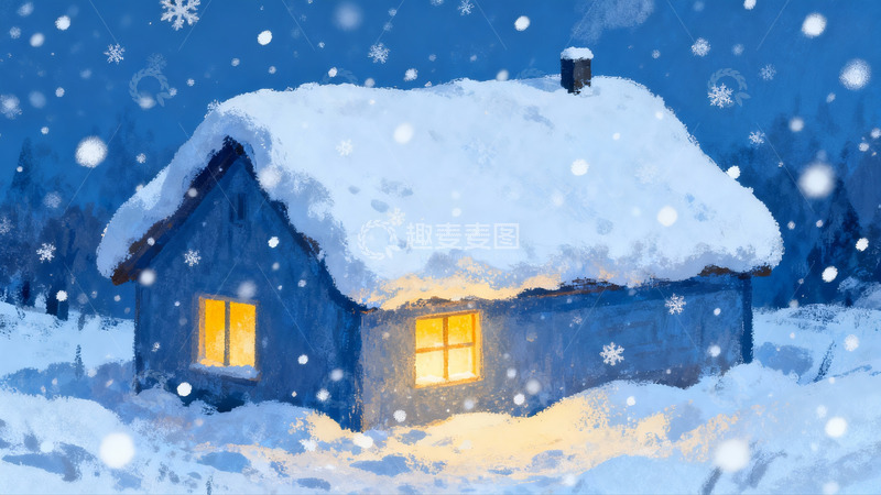 高清大图下载【趣麦麦图】雪夜小屋灯火温暖