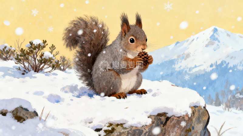 高清大图下载【趣麦麦图】雪地松鼠手捧松果