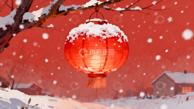 高清大图下载【趣麦麦图】雪中红灯笼挂枝头