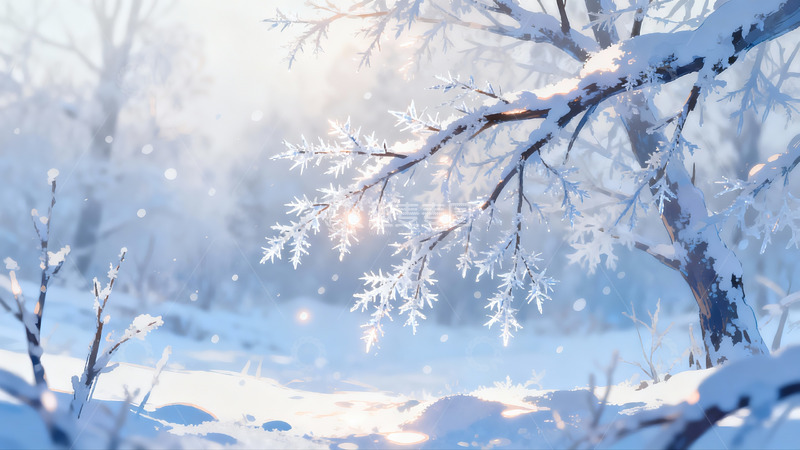 高清大图下载【趣麦麦图】雪覆树枝冬日静谧景象
