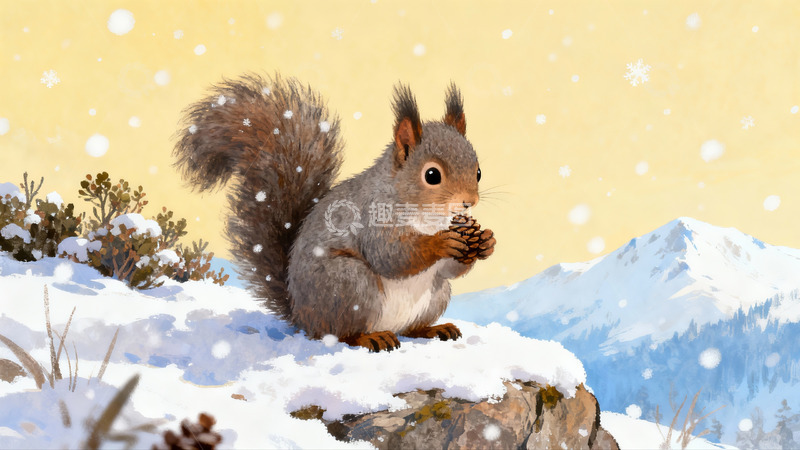 高清大图下载【趣麦麦图】雪地松鼠手捧松果冬日景象