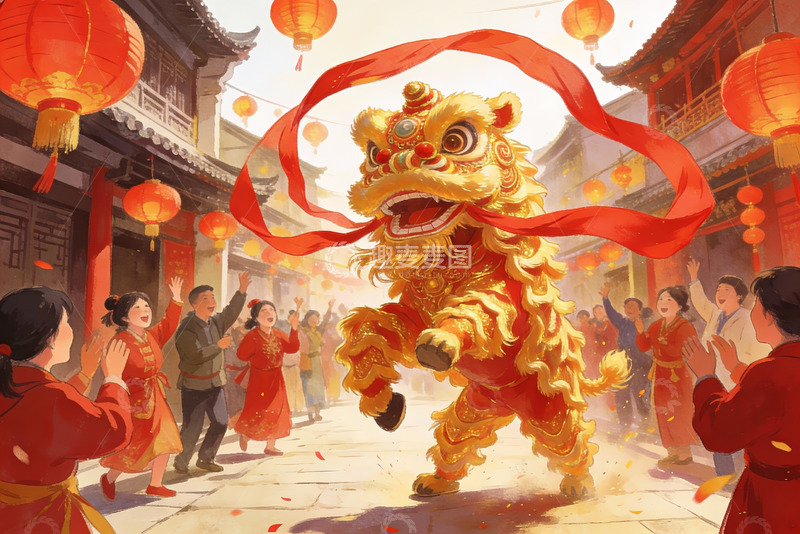 高清大图下载【趣麦麦图】热闹街巷舞狮表演欢庆场景