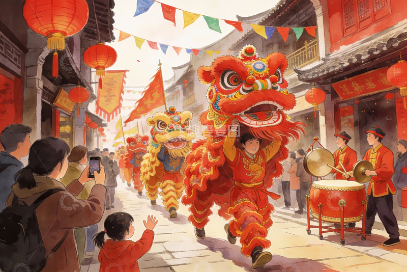 高清大图下载【趣麦麦图】春节舞狮街头热闹场景