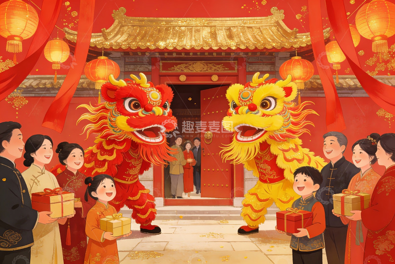 高清大图下载【趣麦麦图】春节舞狮家庭团聚欢乐场景