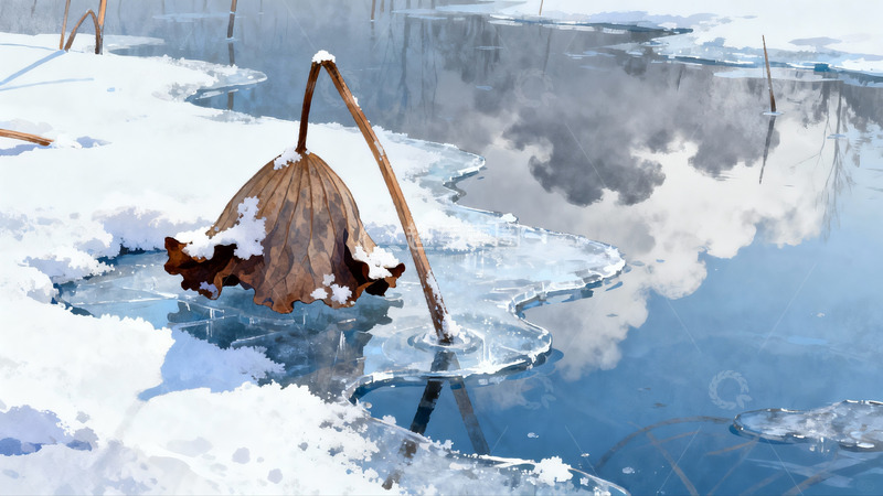 高清大图下载【趣麦麦图】雪中枯荷冰面倒影