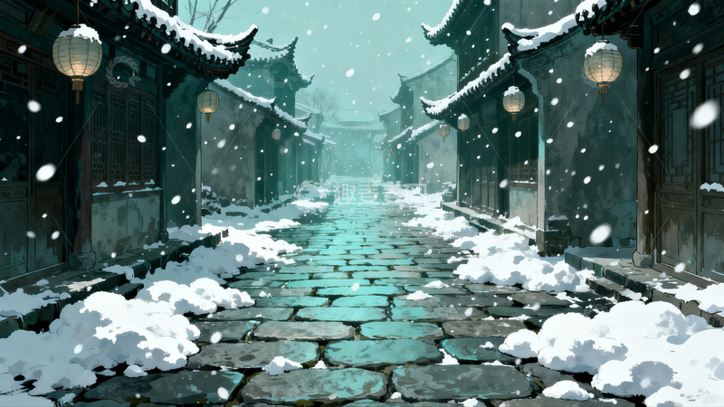 高清大图下载【趣麦麦图】雪落古街灯笼映