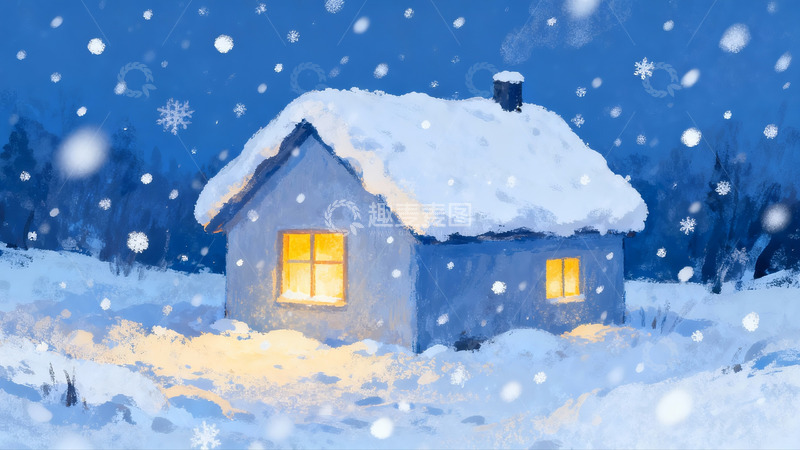 高清大图下载【趣麦麦图】雪夜小屋灯火温暖