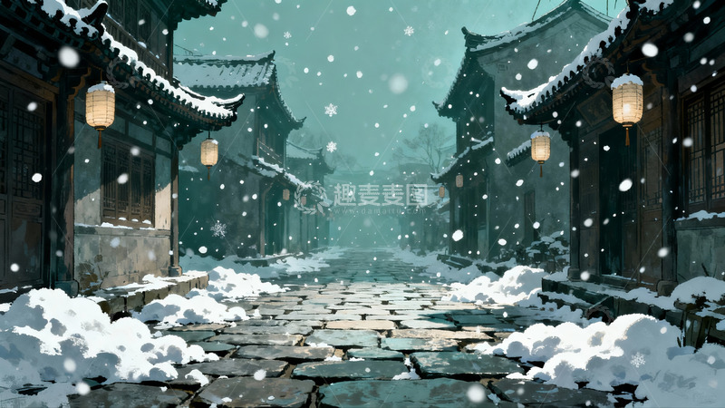 高清大图下载【趣麦麦图】雪落古街灯笼映