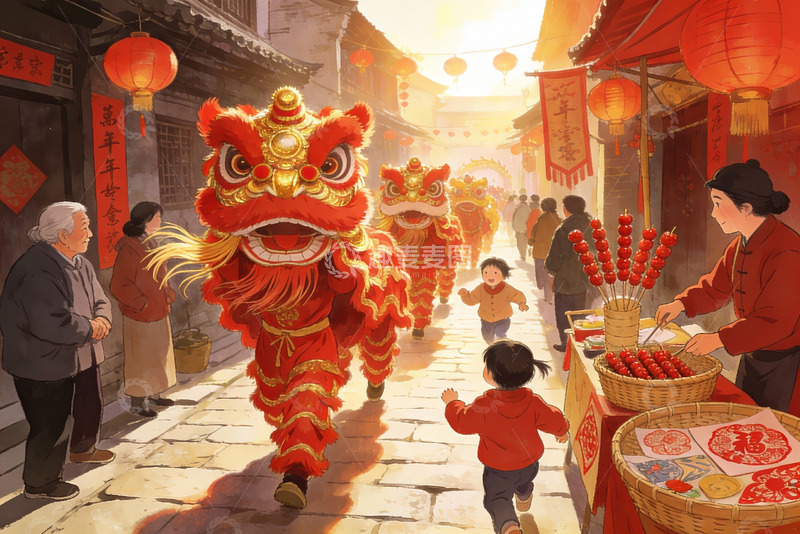 高清大图下载【趣麦麦图】春节舞狮街头热闹场景