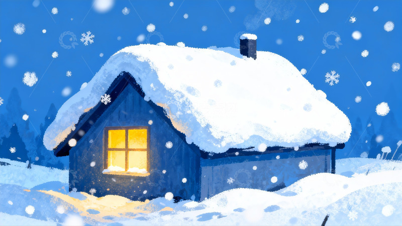 高清大图下载【趣麦麦图】雪夜小屋灯火温暖