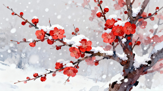 雪中红梅绽放