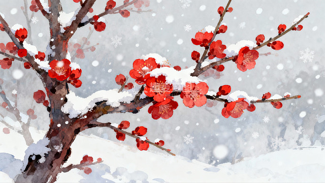 雪中红梅绽放