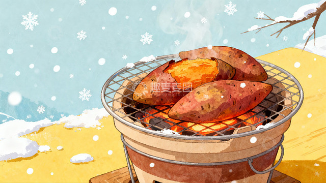 雪地烤红薯热气腾腾