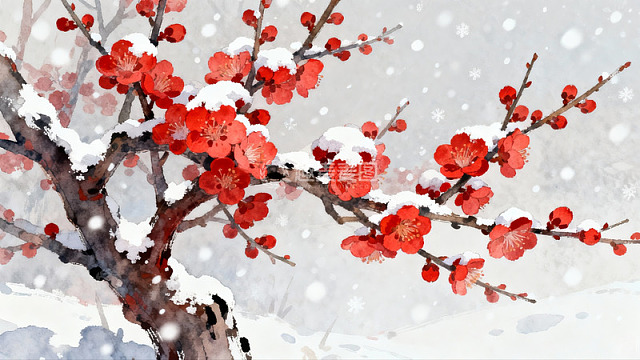 雪中红梅绽放