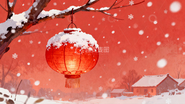 雪中红灯笼映衬冬日景象