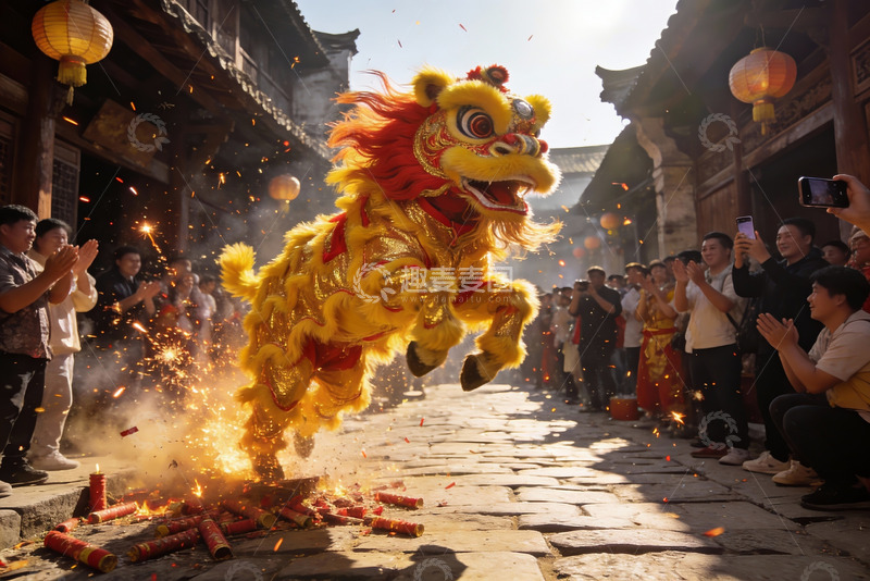 高清大图下载【趣麦麦图】街头舞狮表演热闹非凡