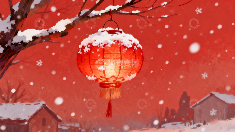 高清大图下载【趣麦麦图】雪中红灯笼挂枝头