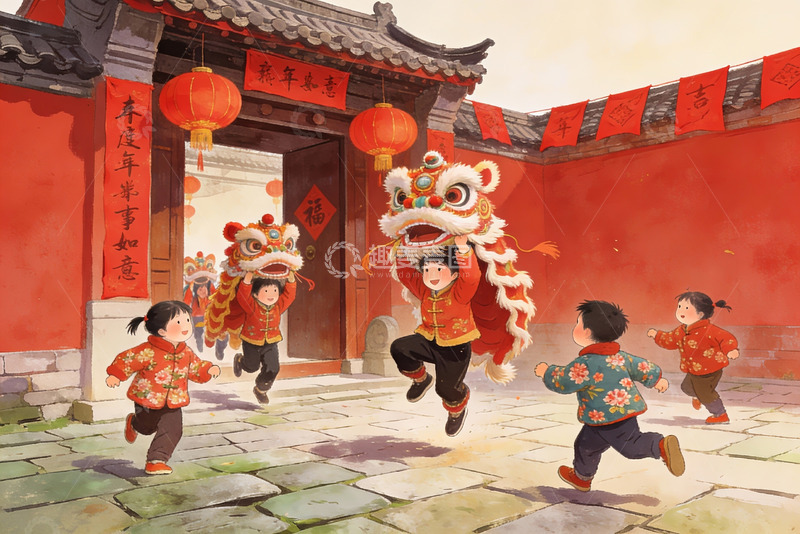 高清大图下载【趣麦麦图】儿童舞狮欢庆节日场景