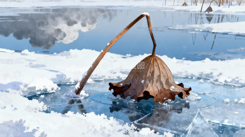 高清大图下载【趣麦麦图】雪中枯荷冰面静景