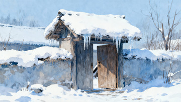 雪覆木屋冬日景象