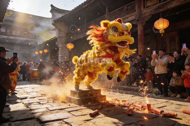 高清大图下载【趣麦麦图】舞狮表演热闹非凡