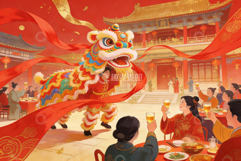 高清大图下载【趣麦麦图】传统舞狮与欢庆宴席场景