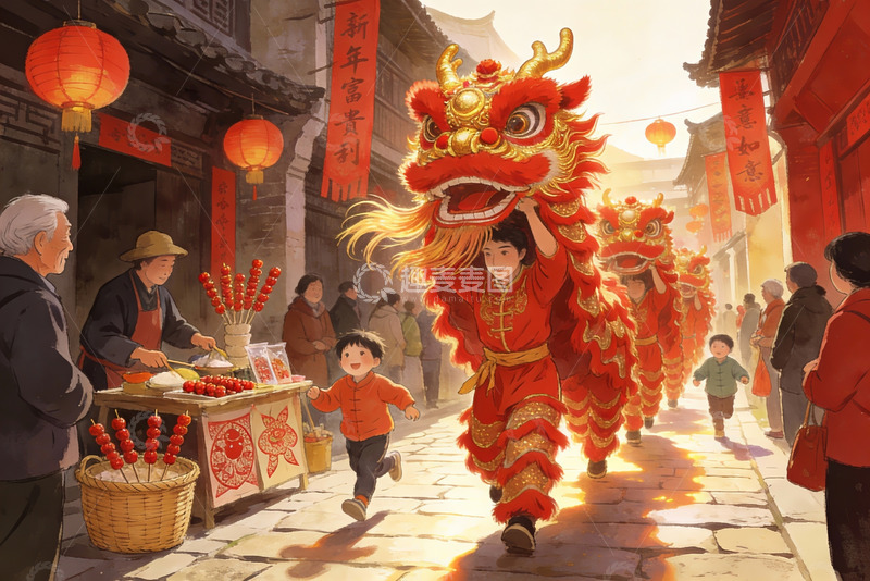高清大图下载【趣麦麦图】新春舞狮街头热闹场景