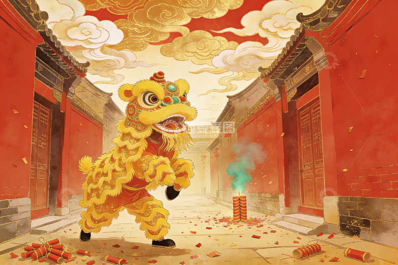 高清大图下载【趣麦麦图】舞狮表演喜庆红墙巷