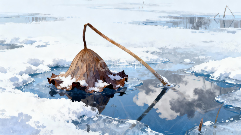 高清大图下载【趣麦麦图】雪中枯荷静谧冬景