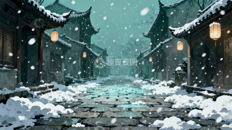 高清大图下载【趣麦麦图】雪落古街灯笼映