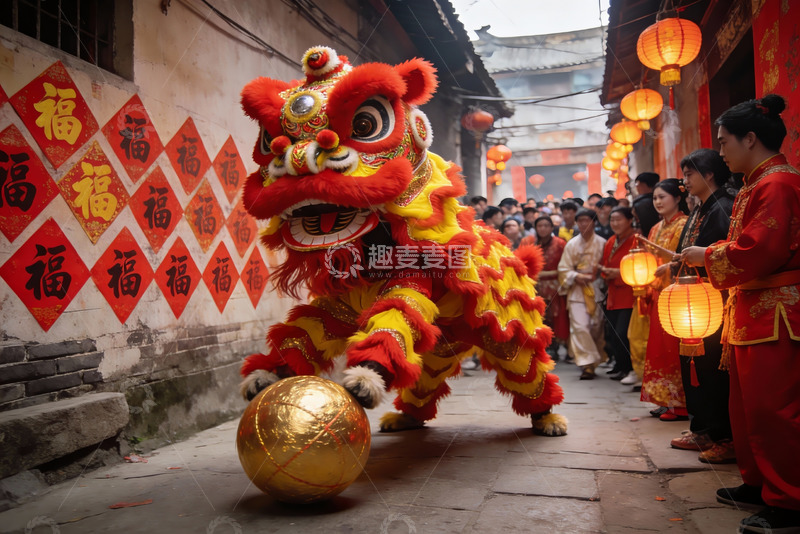 高清大图下载【趣麦麦图】传统舞狮表演热闹街巷