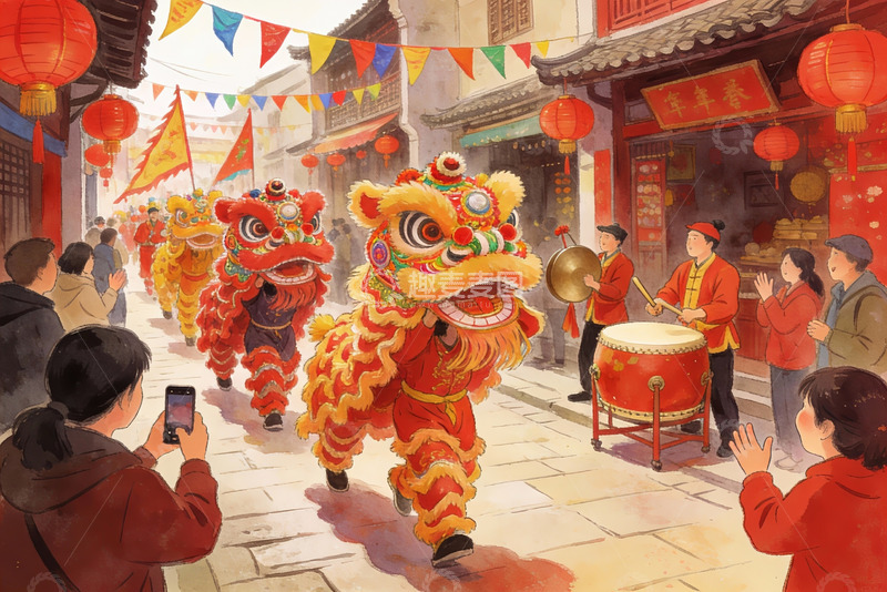 高清大图下载【趣麦麦图】春节舞狮街头表演热闹非凡