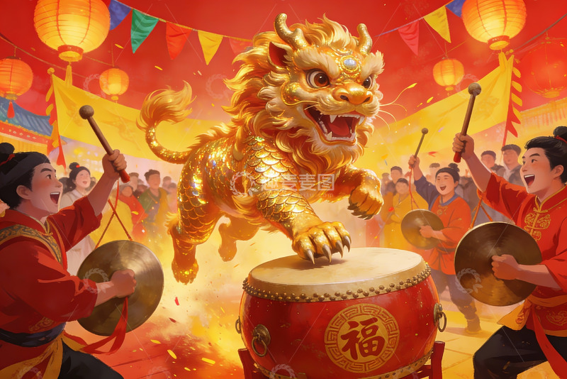 高清大图下载【趣麦麦图】舞狮锣鼓庆新春