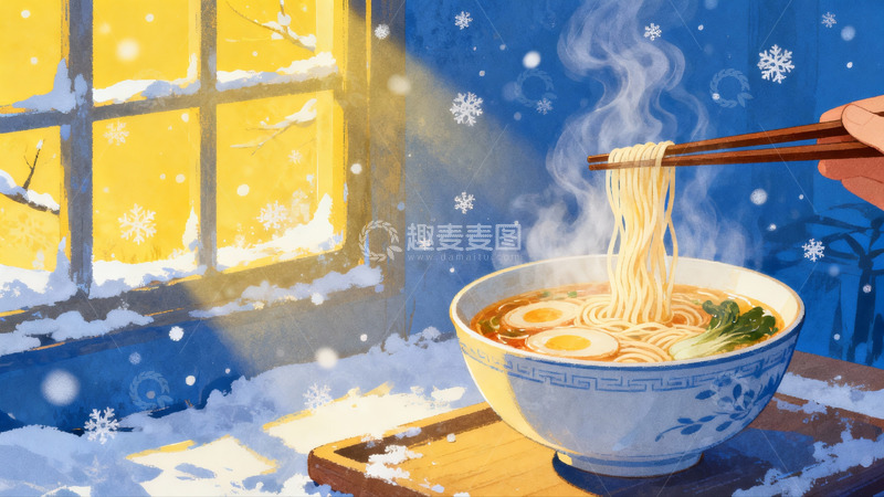 高清大图下载【趣麦麦图】雪景窗边热气腾腾的拉面