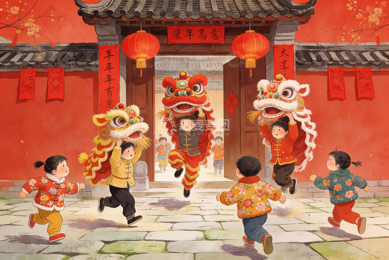 高清大图下载【趣麦麦图】儿童舞狮欢庆节日场景