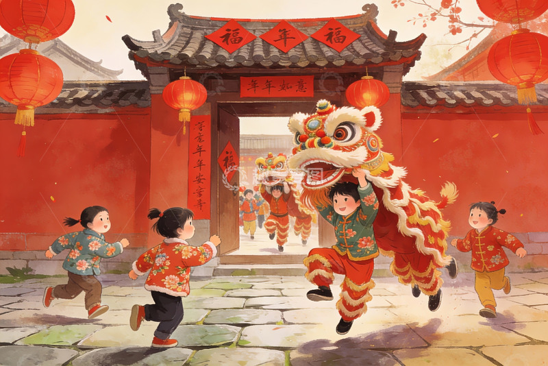 高清大图下载【趣麦麦图】新年舞狮孩童欢庆传统节日
