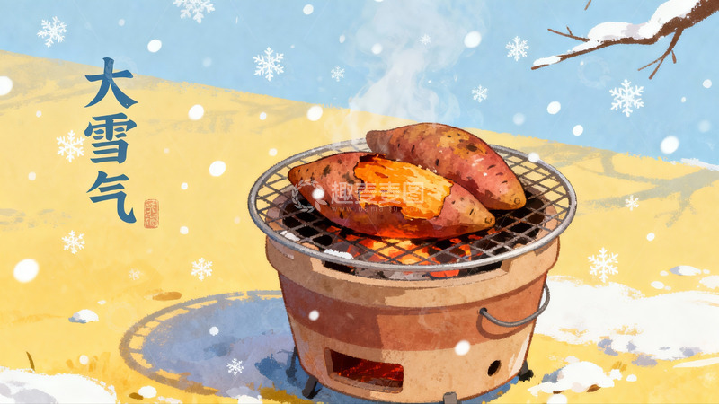 高清大图下载【趣麦麦图】雪天烤红薯热气腾腾