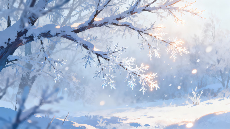 高清大图下载【趣麦麦图】雪覆树枝冬日静谧景象