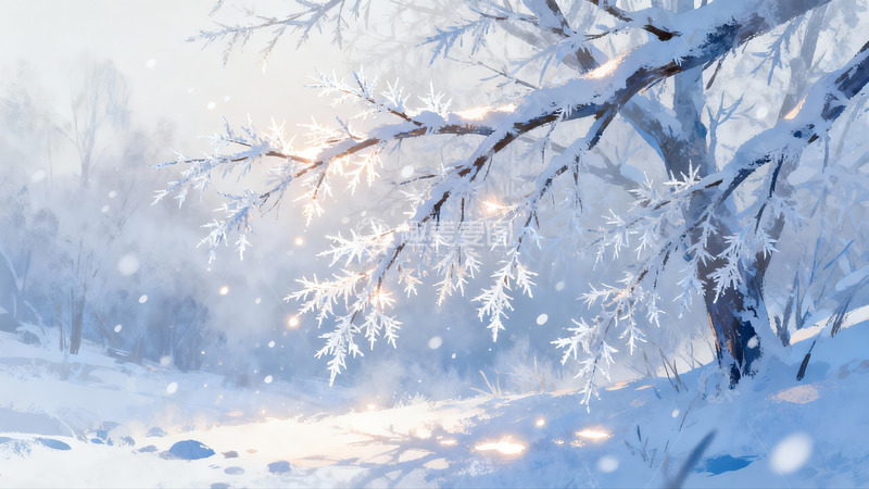 高清大图下载【趣麦麦图】雪覆树枝冬日静谧景象
