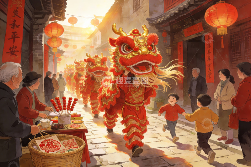 高清大图下载【趣麦麦图】春节舞龙街头热闹场景