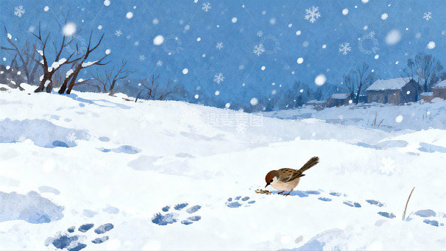 雪地小鸟觅食冬日静景