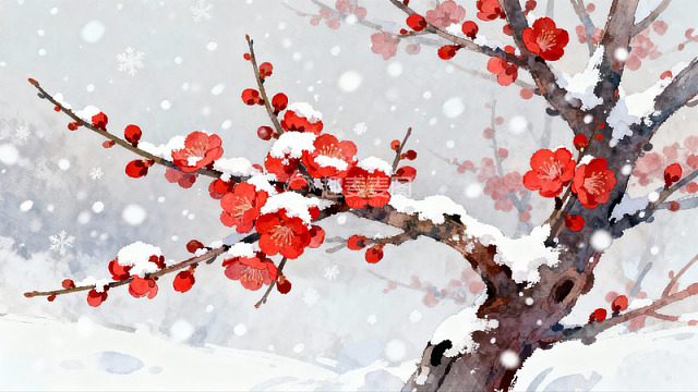 雪中红梅绽放
