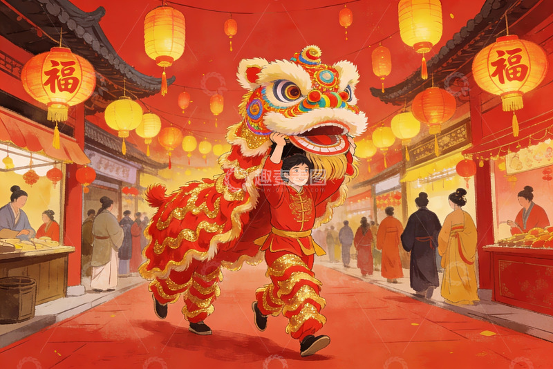高清大图下载【趣麦麦图】春节舞狮热闹街景