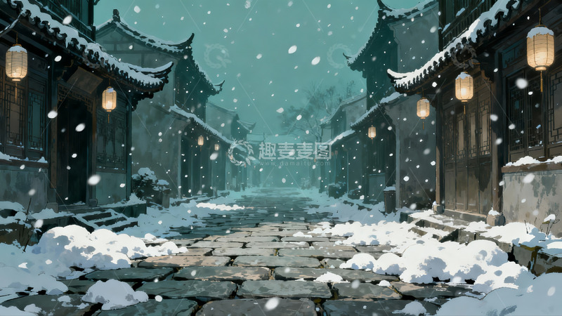 高清大图下载【趣麦麦图】雪落古街灯笼映