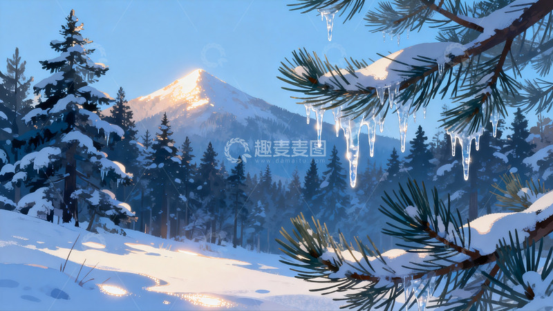 高清大图下载【趣麦麦图】雪覆松林雪山冬景