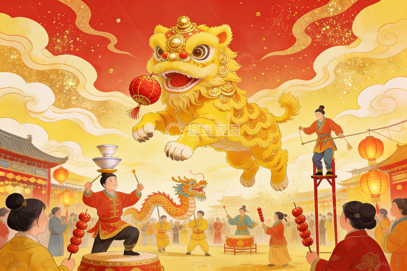 高清大图下载【趣麦麦图】热闹舞狮庆典场景