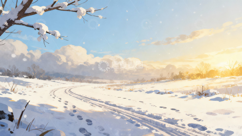 高清大图下载【趣麦麦图】雪地小径夕阳美景