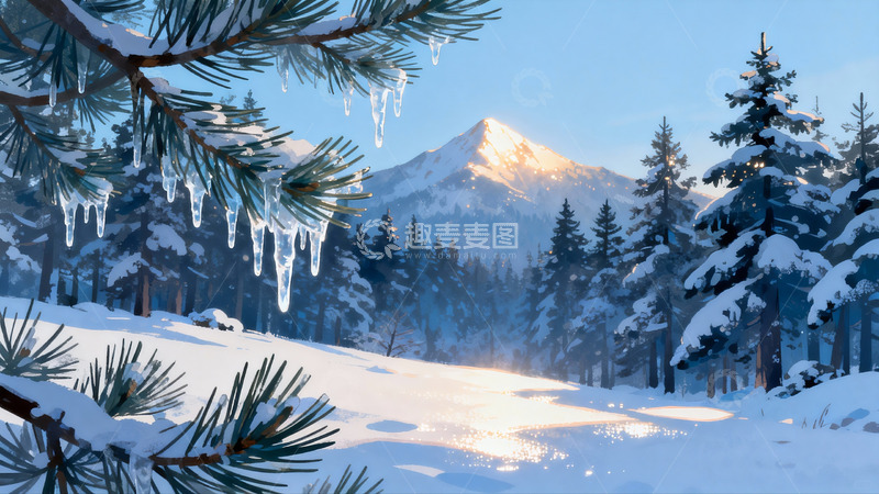 高清大图下载【趣麦麦图】雪覆松林山峰冬日美景