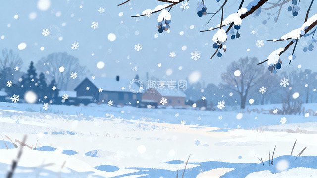 雪景冬日乡村静谧画面
